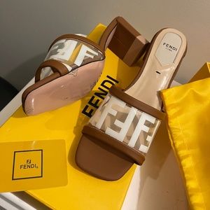 Fendi Logo Print velvet and leather mules